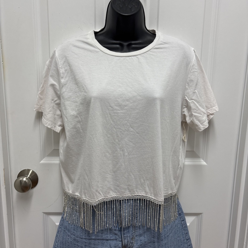 Joie White Cotton Cropped Sequin Crop Short Sleeve Top - Size Large‎